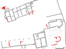 Strutture murarie di epoca romana rinvenute nel sedime del monastero nel corso delle indagini condotte tra il 2001 e il 2012; in basso a destra l'area di ritrovamento del tesoretto. © SBALO.