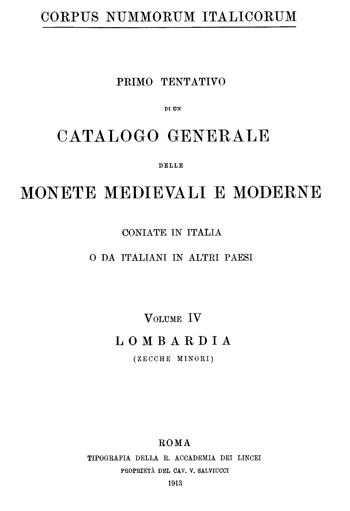 Frontespizio Vol. IV - LOMBARDIA (zecche minori) 