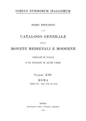Frontespizio Vol. XVII - Roma, Parte III (dal 1700 al 1870) 